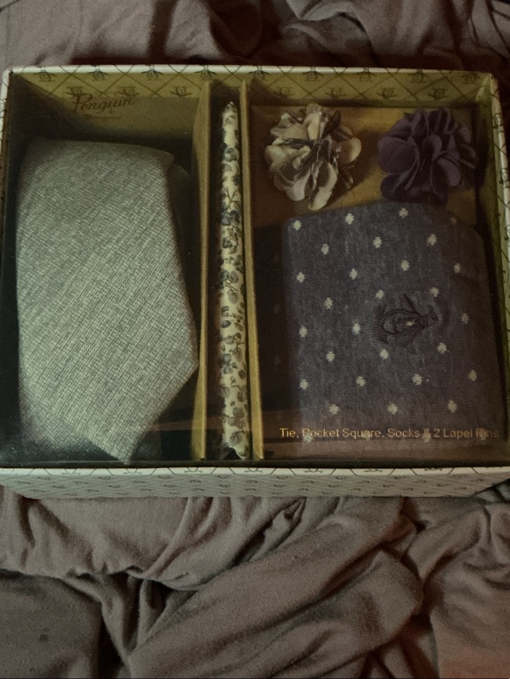 Original Penguin Gray Tie & Purple Pocket Square Accessory Set